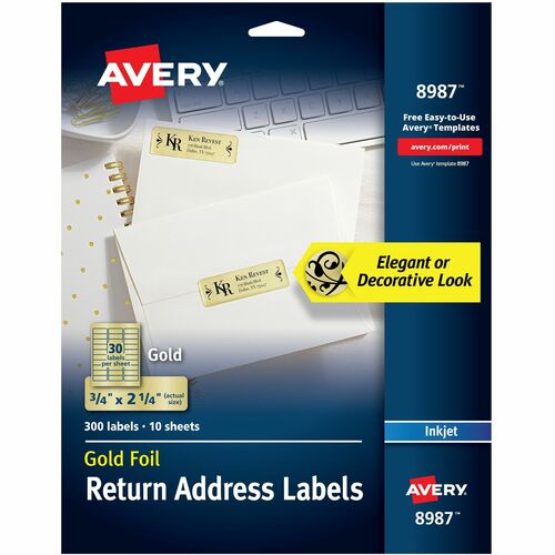Avery Ink Jet Gold Foil Labels, Mail, 3/4"x2-1/4", 300/PK,5PK/CT
