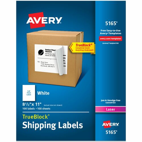 Avery Shipping Labels, TrueBlock, 8-1/2"x11",100/BX,White