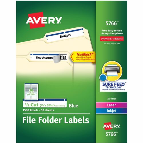 Avery Labels, Filing, TrueBlock, 1/3 Cut, 1500/BX, Blue