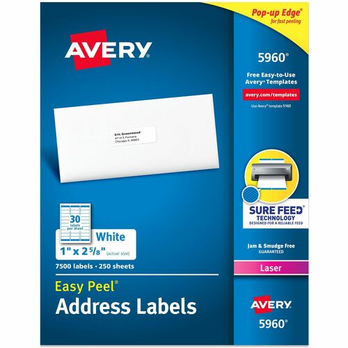 Avery Laser Labels, Mailing, 1"x2-5/8", 7500/BX, White