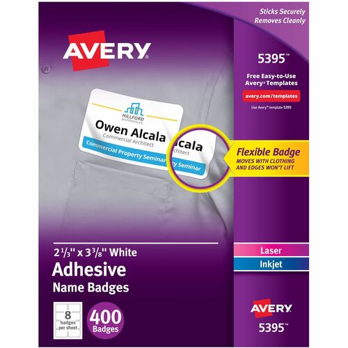 Avery Name Badges,Laser/Inkjet,2-1/3"x3-3/8",400/BX,White