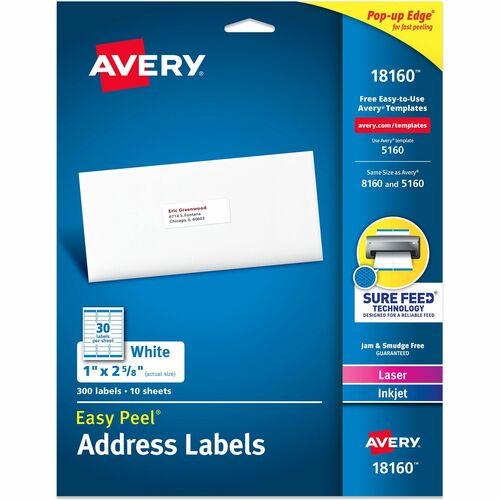 Avery Address Labels, Laser/Inkjet, 1"x2-5/8", 300/PK, WE