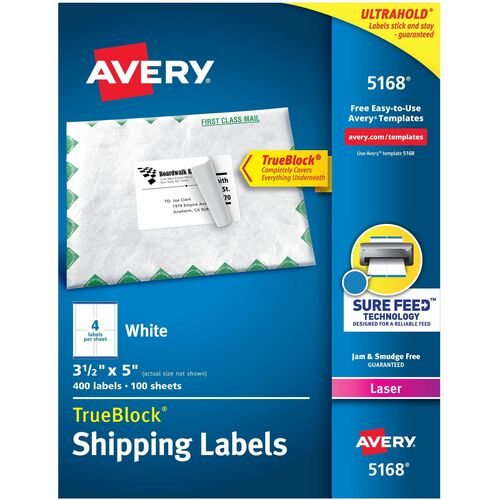Avery Shipping Labels, TrueBlock,3-1/2"x 5", 400/BX, White