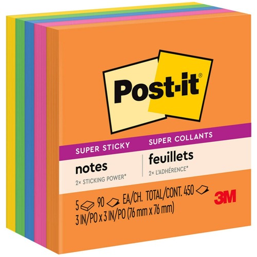 3M Super Sticky Pads,3"x3",90Sht/Pad,5/PK,Assorted