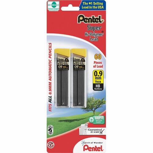 Pentel Hi-Polymer Lead, .9mm HB, 2 Tubes/60 Pieces, Black