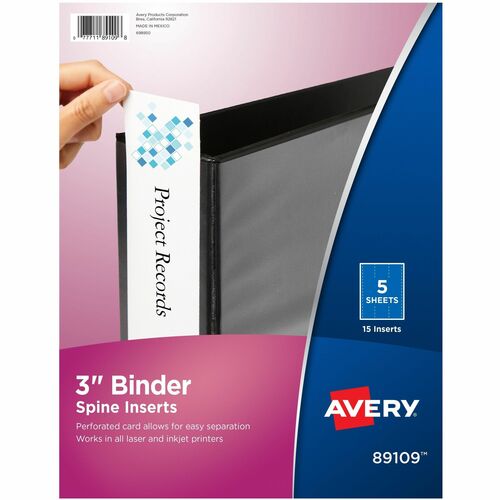 Avery Binder Spine Inserts, 3"Capacity, 15/PK, White