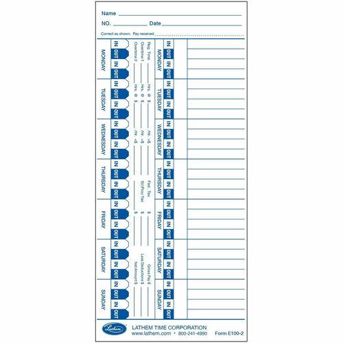 Lathem Electronic Time Recorder Time Cards, 100/PK, 4"x9"