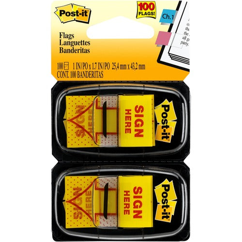 3M "Sign Here" Message Flags, 1"x1-3/4", 100/PK, Yellow