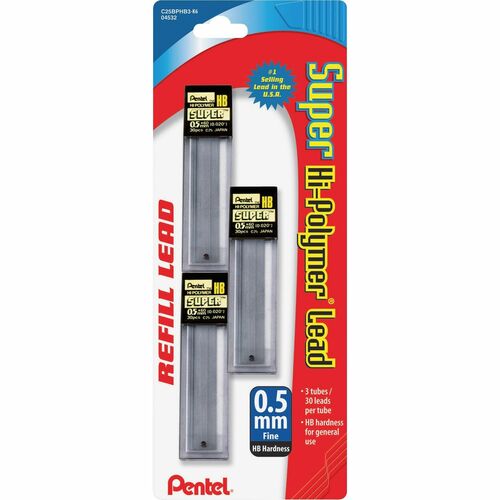 Pentel Hi-Polymer Lead, 0.5 mm, HB, Fine, 30/Tube, 3/PK, Black