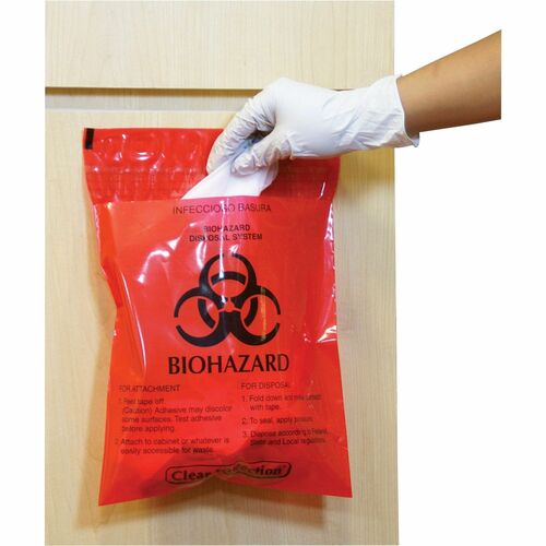 CareTek Biohazard Waste Bag, Peel/Stick, 2.6 Qt, 12"x14", 100/BX, RD