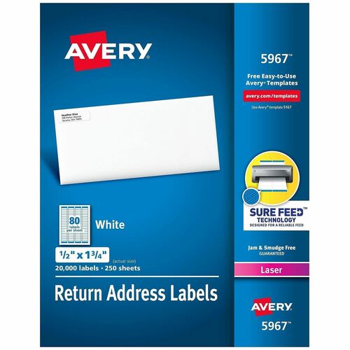 Avery Laser Labels, Mailing, 1/2"x1-3/4", 20000/BX, White