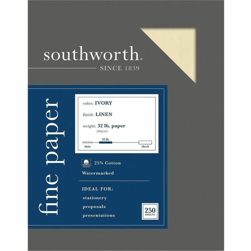 Southworth Fine Linen Paper, 32 lb, 8-1/2"x11", 250/BX, Ivory