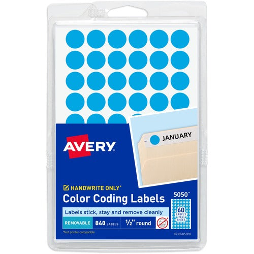 Avery Labels, Removable, 1/2" Round, 840/PK, Light Blue