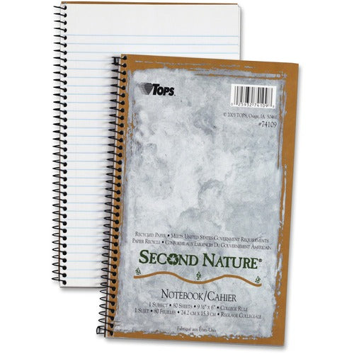 Tops Second Nature Notebook,1-Sub,9-1/2"x6",College Rule,80/SH,WE