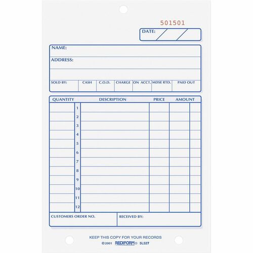 Rediform Sales Book Form,Carbonless,2 Part,4-1/4"x6-3/8",50Sets/BK,WE