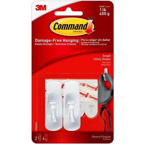3M Command Hooks,Small,1lb. Capacity,2 Hooks/4 Strips,2/PK,WE