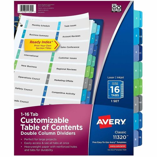 Avery T/of Contents Dividers,Dble Column,1-16 Tab,11"x8-1/2",Multi