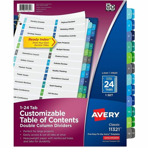 Avery T/of Contents Dividers,Dble Column,1-24 Tab,11"x8-1/2",Multi
