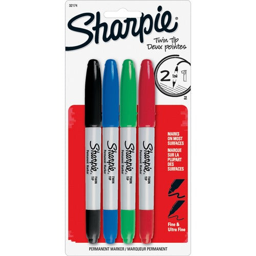 Newell Brands Permanent Markers,Twin Tip, Fine/Ultra Fine Point,4/ST,AST