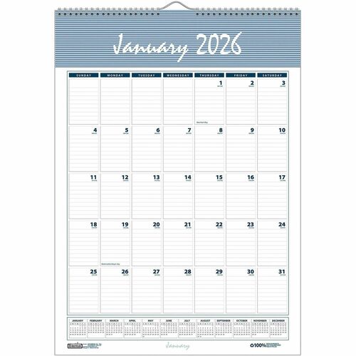 House Of Doolittle Wall Calendar,Wire-bound,12 Months,Jan-Dec,22"x31-1/4",BE/GY-HOD334