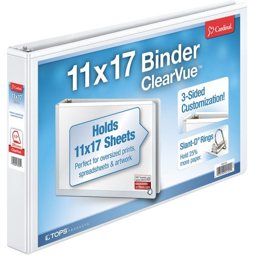 Cardinal Clearvue D-Ring Binders, 11"x17", 1-1/2" Capacity, White
