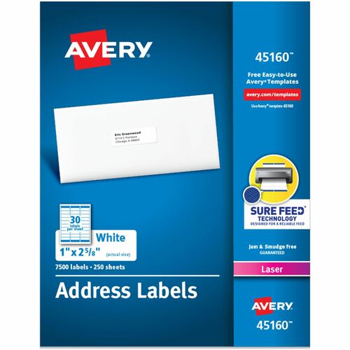 Avery Laser Labels, Mailing, 1"x2-5/8", 7500/BX, White
