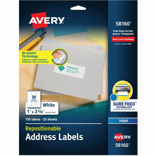 Avery Inkjet Labels, Address, Repositionable,1"x2-5/8",750/PK,WE