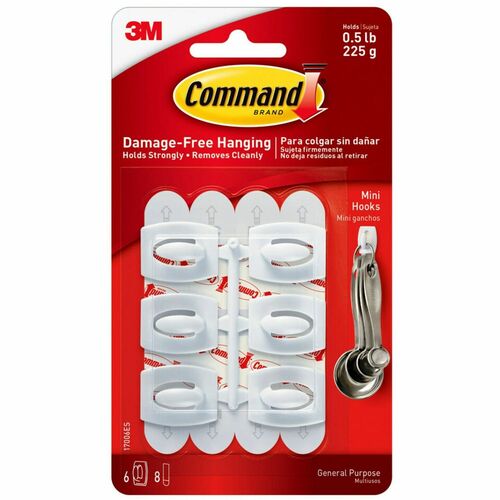 3M Command Hooks,Mini,1/2lb Cap,6 Hooks/8 Strips,6/PK,WE