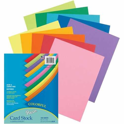Pacon Cardstock Paper,65lb.,8-1/2"x11",100 Sht/PK,Assorted