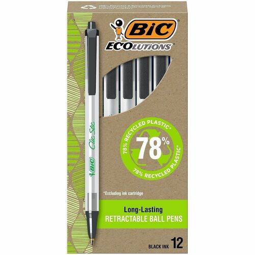 Bic Pens, Ballpoint, Retractable, Medium Point, CL Barrel/BK Ink