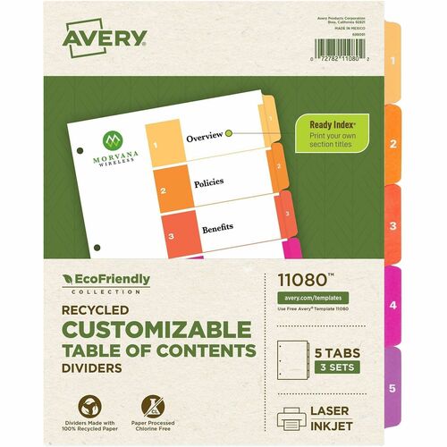 Avery T/of Contents Dividers, Recycled, 5 Tabs/ST, 3ST/PK, Multi