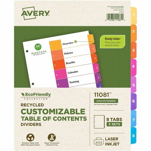 Avery T/of Contents Dividers, Recycled, 8 Tabs/ST, 3ST/PK, Multi
