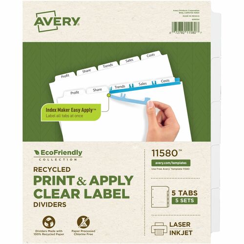 Avery Laser/Inkjet Dividers, 5-Tab, 5 Sets/PK, 11"x8-1/2",WE