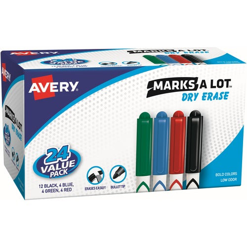 Avery Dry-Erase Markers, Bullet Tip, Value Pack, 24/BX, AST