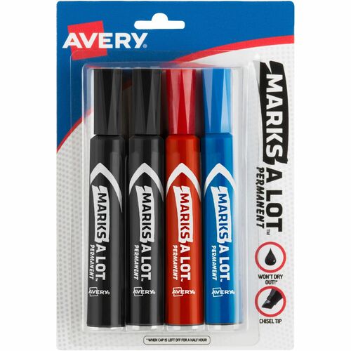 Avery Markers, Permanent Ink, Chisel Point, 4/PK, Ast