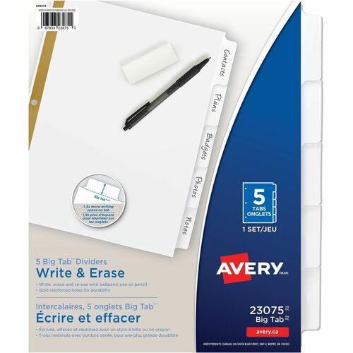 Avery Write-On Dividers,w/Erasable Tabs,5-Tab,11"x8-1/2",White