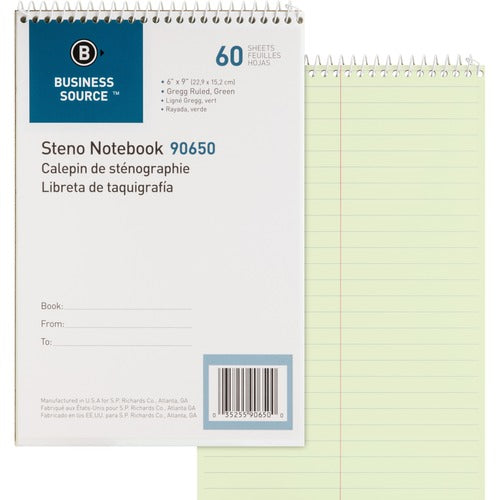 Business Source Steno Notebook, Gregg Ruled, 60 Sheets, 6"x9", Green