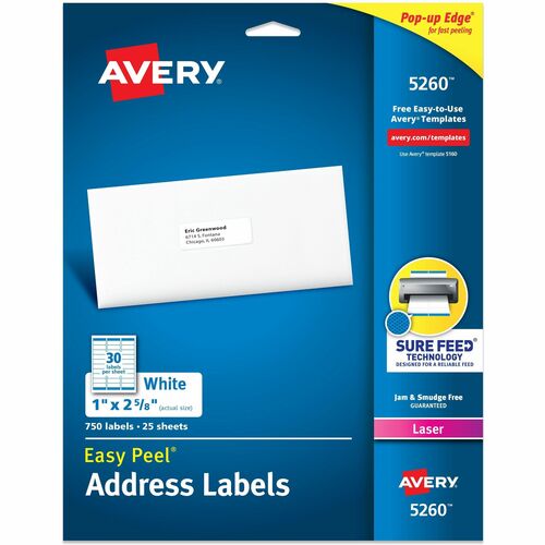 Avery Laser Labels, Mailing, 1"x2-5/8", 750/PK, White