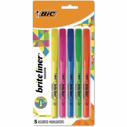 Bic Highlighter,w/ Clip, Chisel Point, Nontoxic, 5/ST, AST