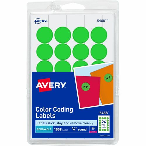 Avery Removable Labels, 3/4" Round, 1008/PK, Green Neon