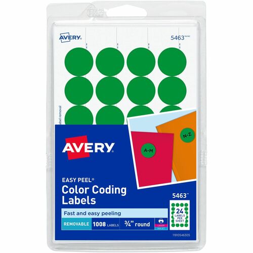 Avery Removable Labels, 3/4" Round, 1008/PK, Green