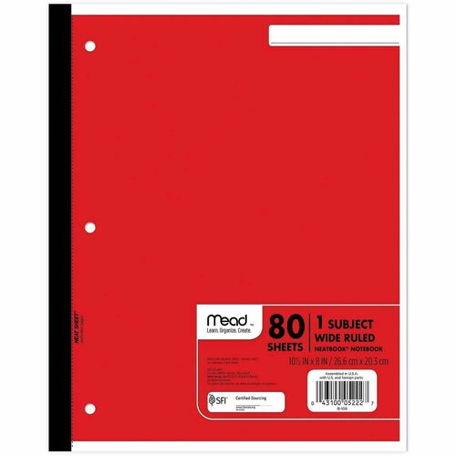 Mead Wireless One-Subject Notebook, Rld, 8"x10-1/2", 80Shts, Ast