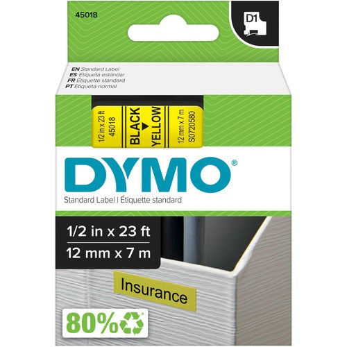 Dymo DYMO D1 Electronic Tape, 1/2"x23' Size, Black/Yellow-DYM45018