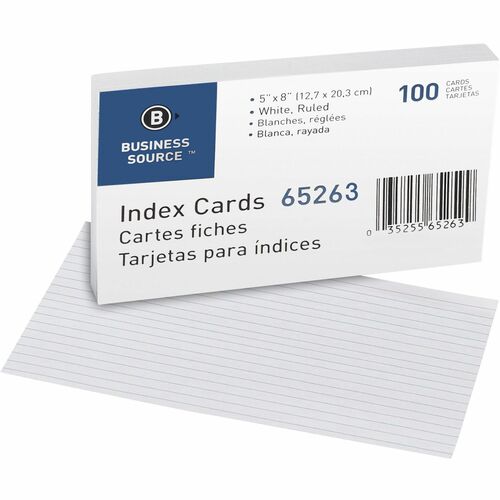 Business Source Index Cards, Ruled, 72 lb., 5"x8", 100/PK, White