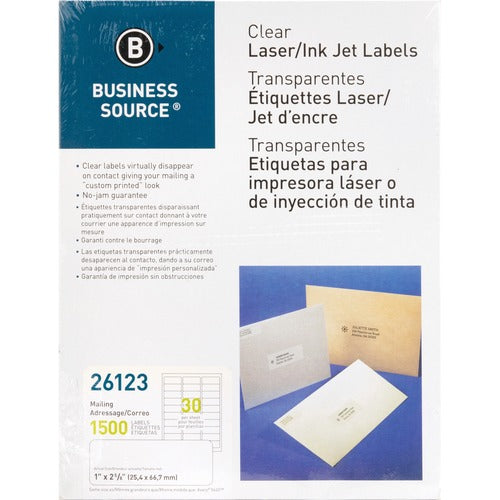 Business Source Mailing Labels, Laser, 1"x2-3/4", 1500/PK, Clear