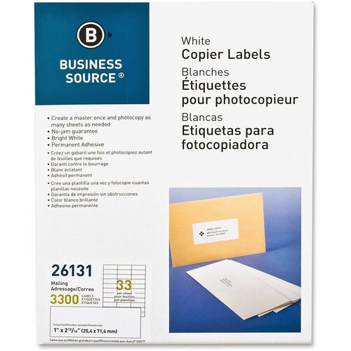 Business Source Mailing Labels, 1"x2-13/16", 3300/PK, White