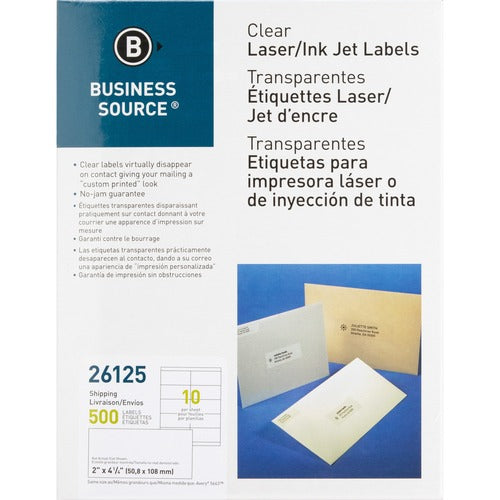 Business Source Shipping Labels, Laser, Permanent, 2"x4-1/4", 500/PK, Clear