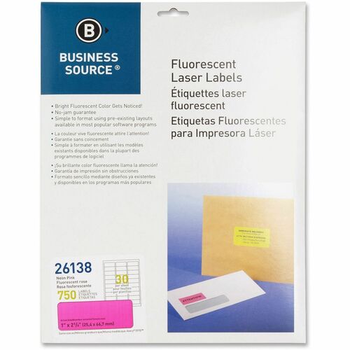 Business Source Laser Labels, Fluorescent, 1"x2-5/8", 750/PK, Neon Pink