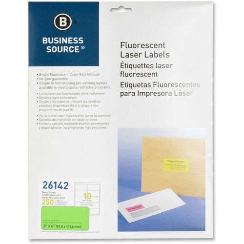 Business Source Laser Labels, Fluorescent, 2"x4", 250/PK, Neon Green