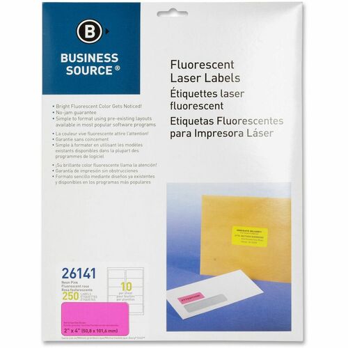 Business Source Laser Labels, Fluorescent, 2"x4", 250/PK, Neon Pink